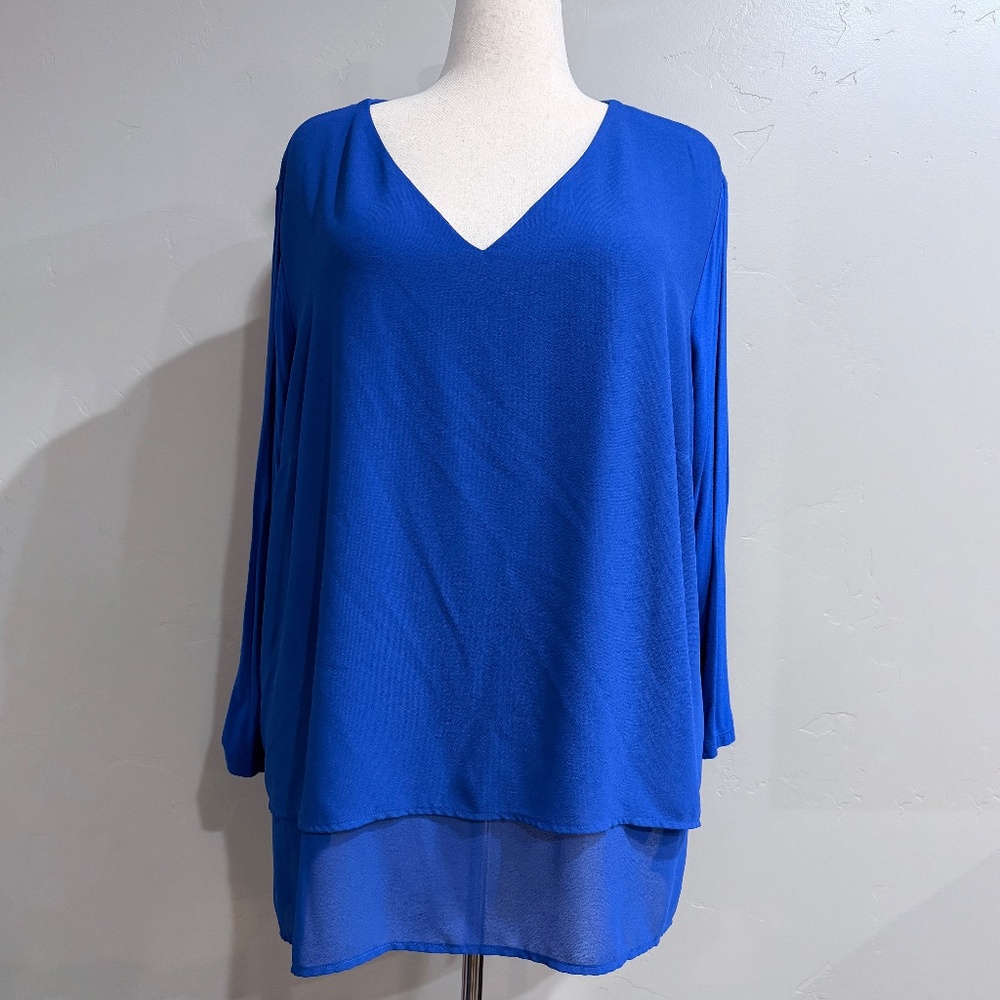 Plus Size Michael Kors Royal Blue Sheer Layered V-Neck 3/4 Sleeve Top - 3X